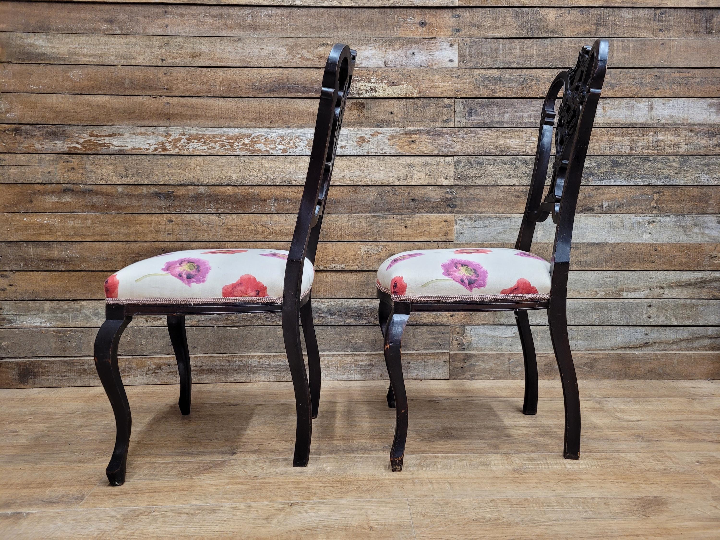 Two Antique Mahogany Victorian bedroom Chairs Carved Fret Back Cabriole Legs