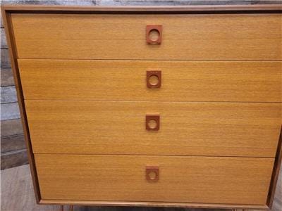 Mid Century Teak G Plan Form Five Chest Of Four Drawers Copper Hairpin Legs
