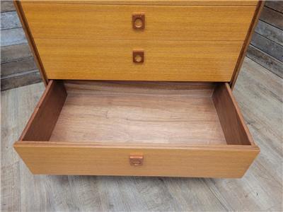 Mid Century Teak G Plan Form Five Chest Of Four Drawers Copper Hairpin Legs