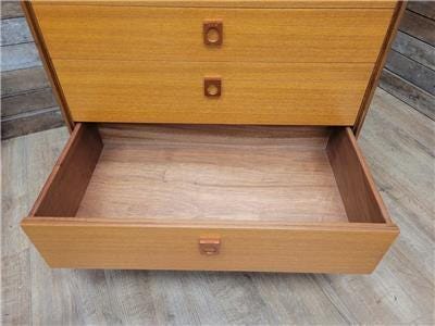 Mid Century Teak G Plan Form Five Chest Of Four Drawers Copper Hairpin Legs