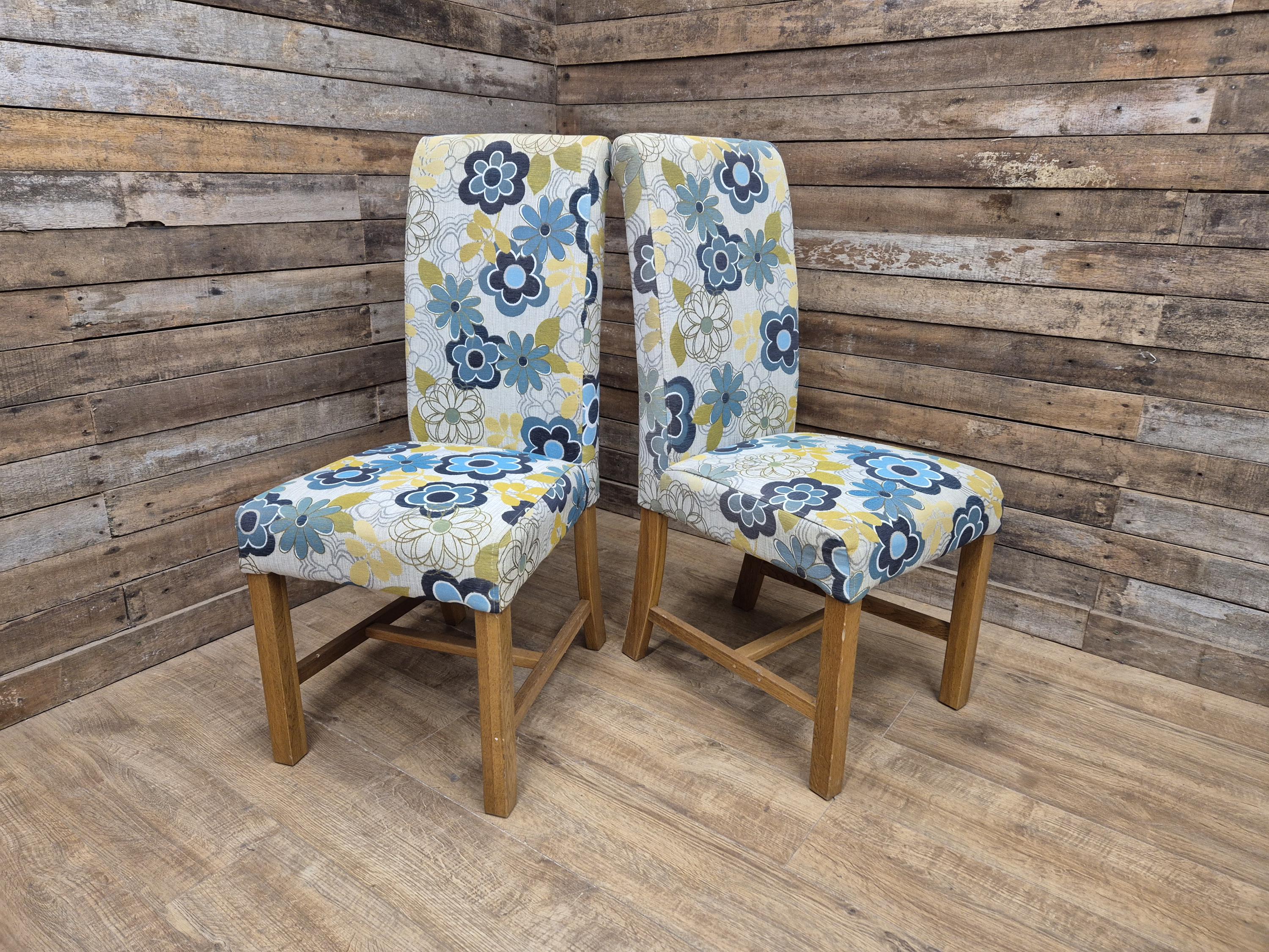 Pair Of Blonde Oak Country House Style Hall Bedroom Dining Chairs Floral Fabric