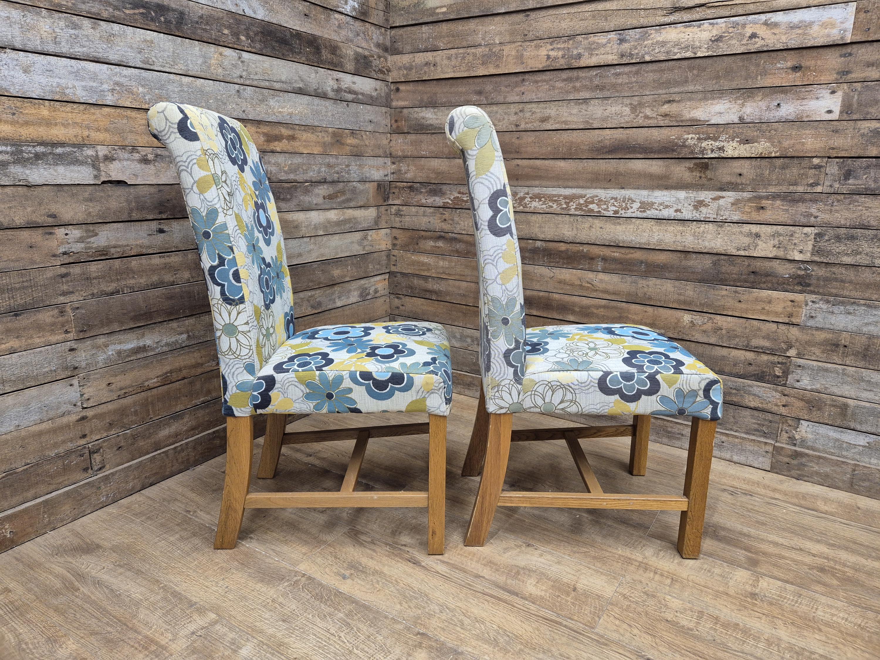 Pair Of Blonde Oak Country House Style Hall Bedroom Dining Chairs Floral Fabric