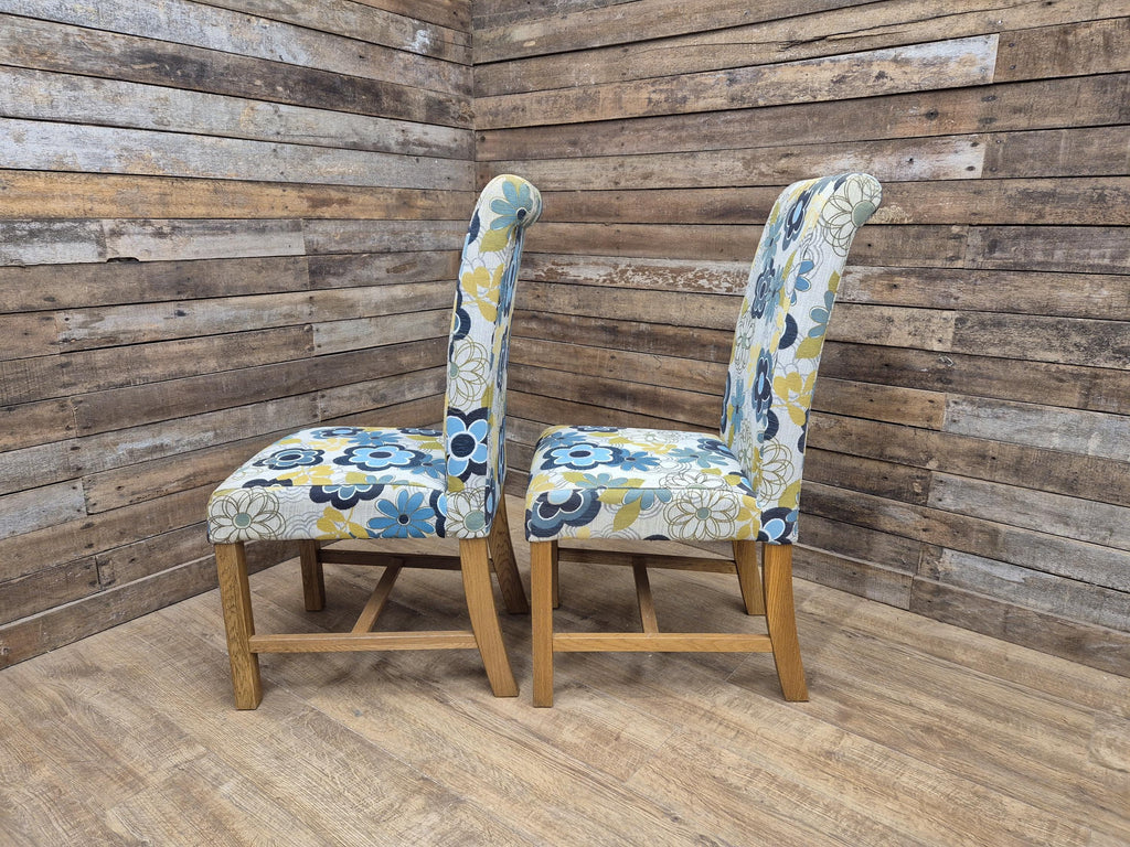 Pair Of Blonde Oak Country House Style Hall Bedroom Dining Chairs Floral Fabric