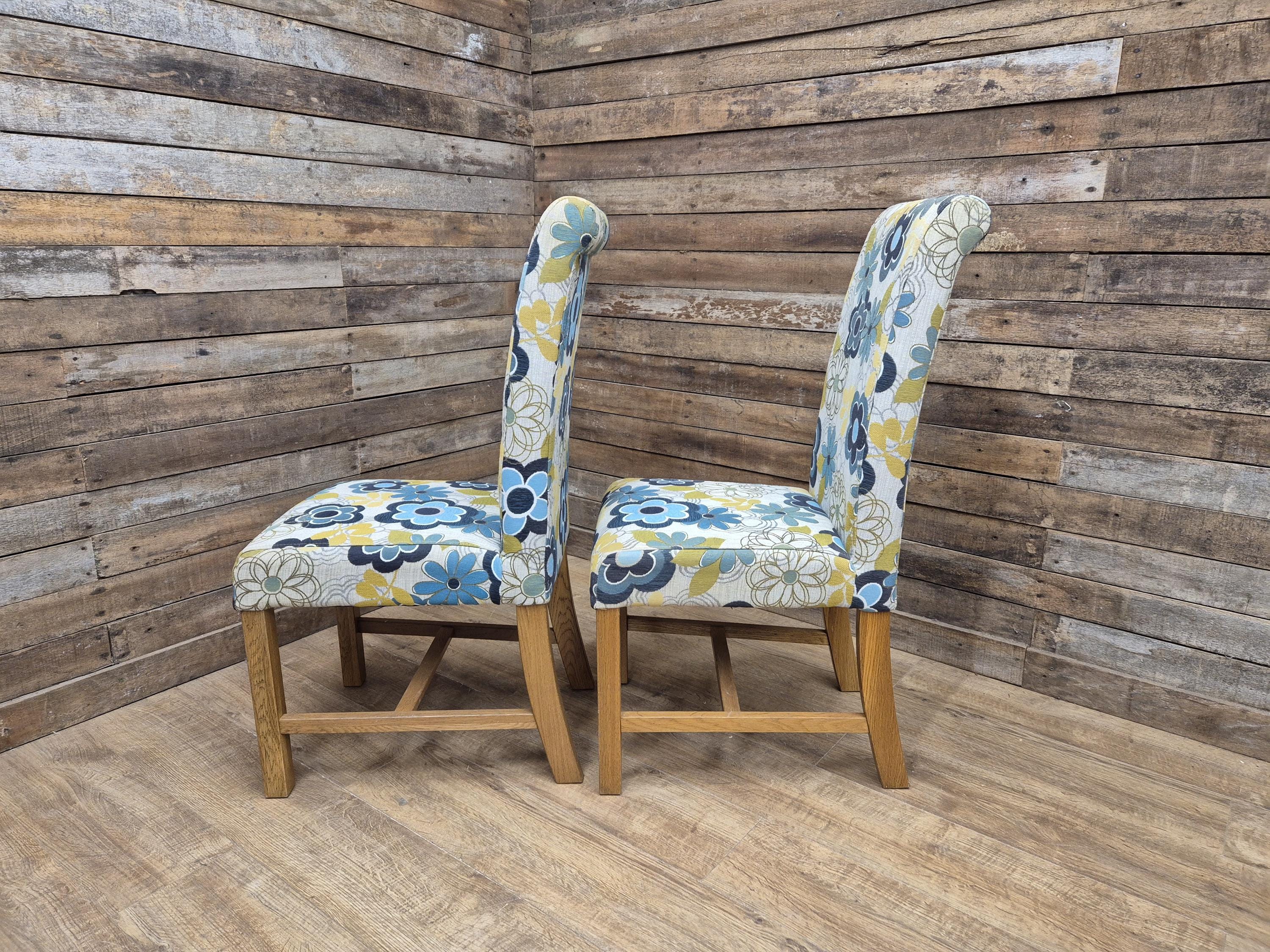Pair Of Blonde Oak Country House Style Hall Bedroom Dining Chairs Floral Fabric