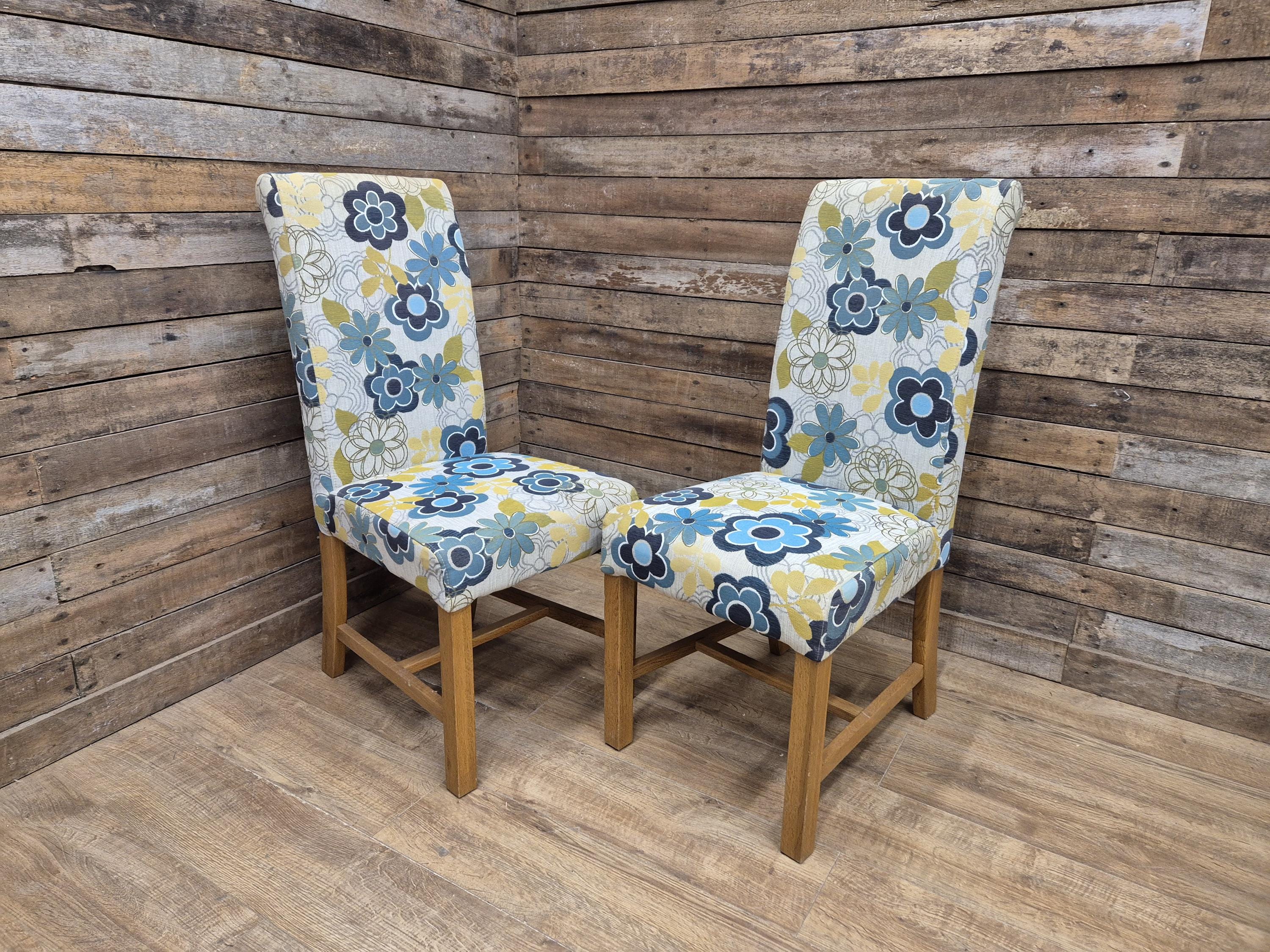 Pair Of Blonde Oak Country House Style Hall Bedroom Dining Chairs Floral Fabric