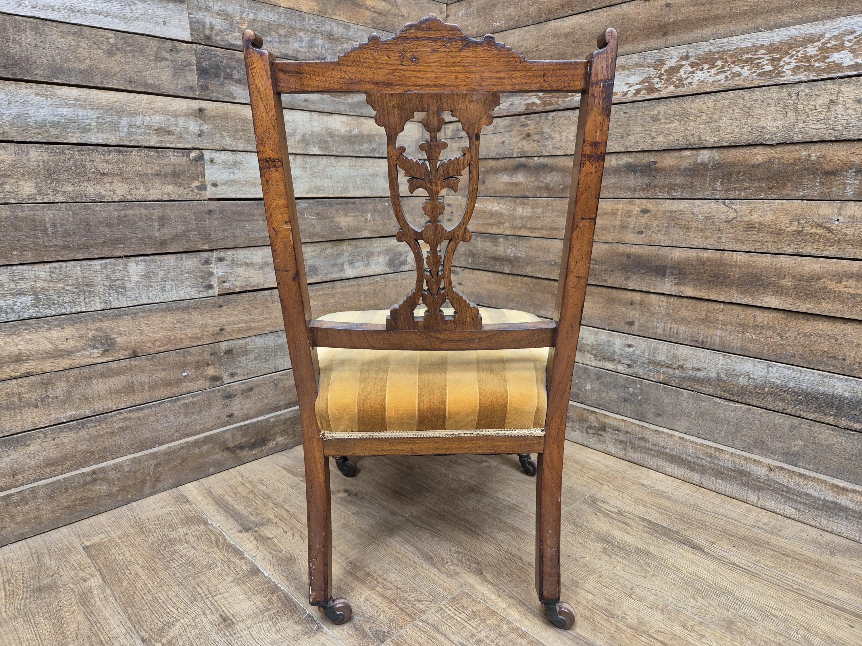 Antique Mahogany Edwardian Hall or Bedroom Chairs Fret Backs Striped Seat