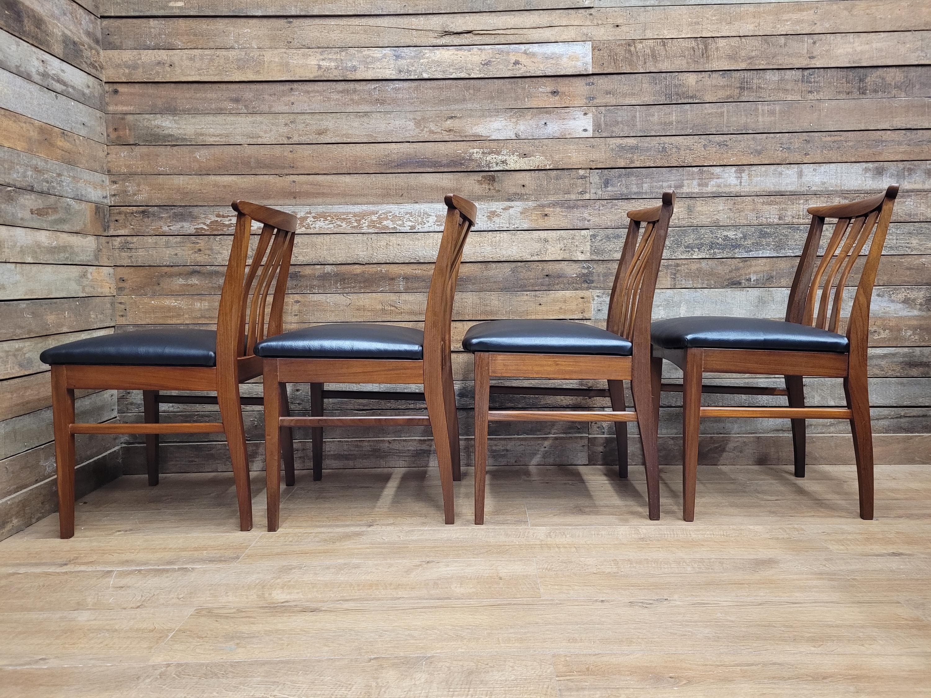 Four Danish Influenced Teak Ladder Back Mid Century Dining Chairs Black Vinyl