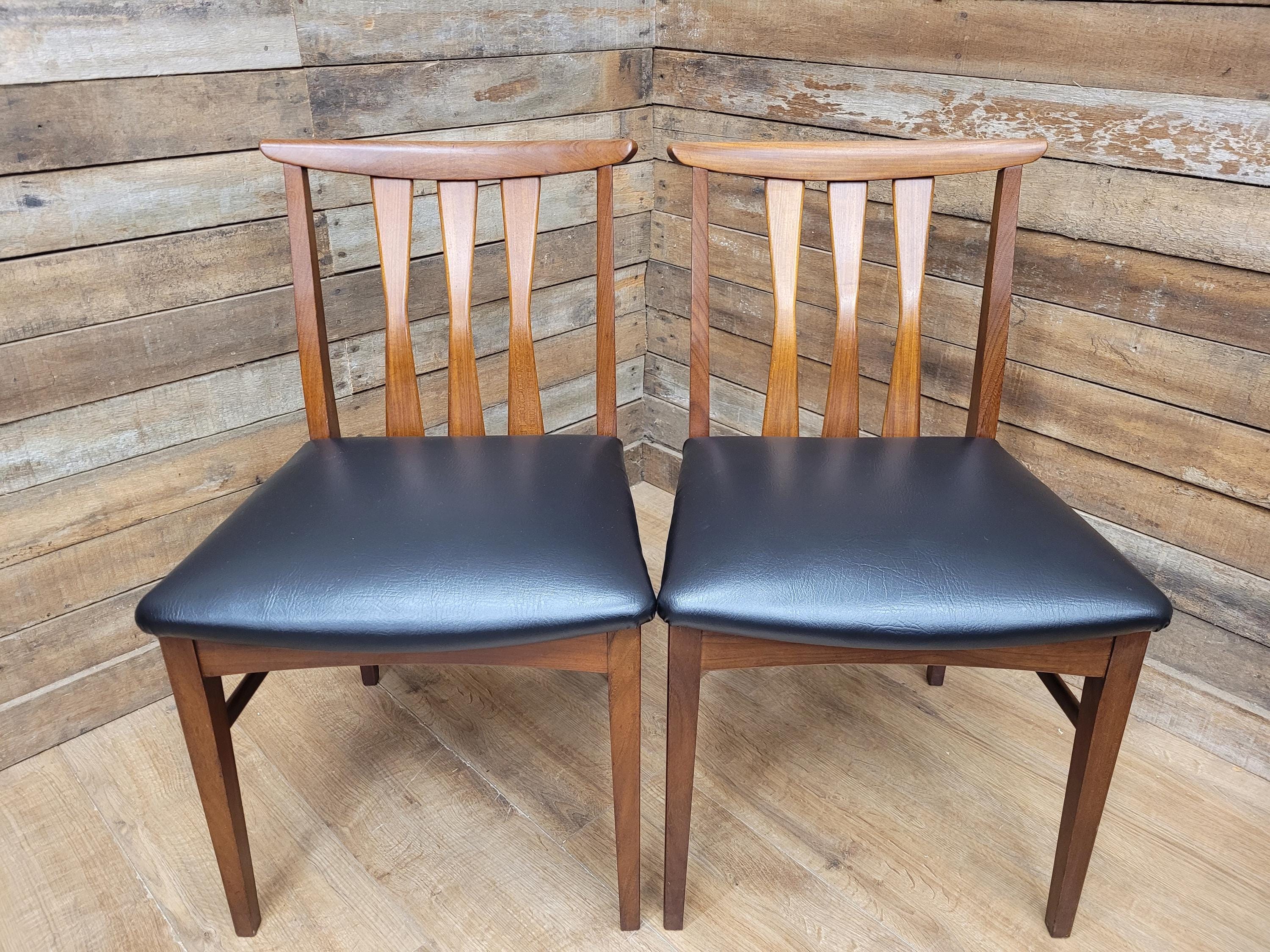 Four Danish Influenced Teak Ladder Back Mid Century Dining Chairs Black Vinyl