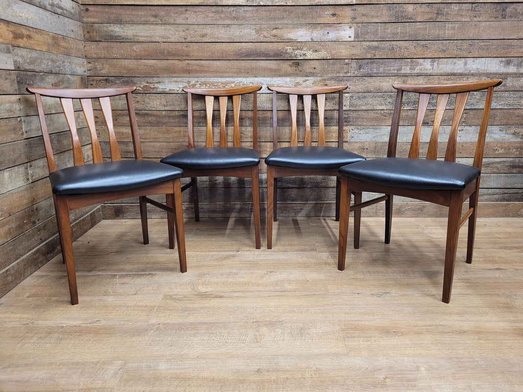 Four Danish Influenced Teak Ladder Back Mid Century Dining Chairs Black Vinyl