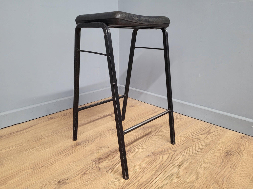 Vintage Industrial Metal Stool Factory Office School Workshop Stool Black Pad