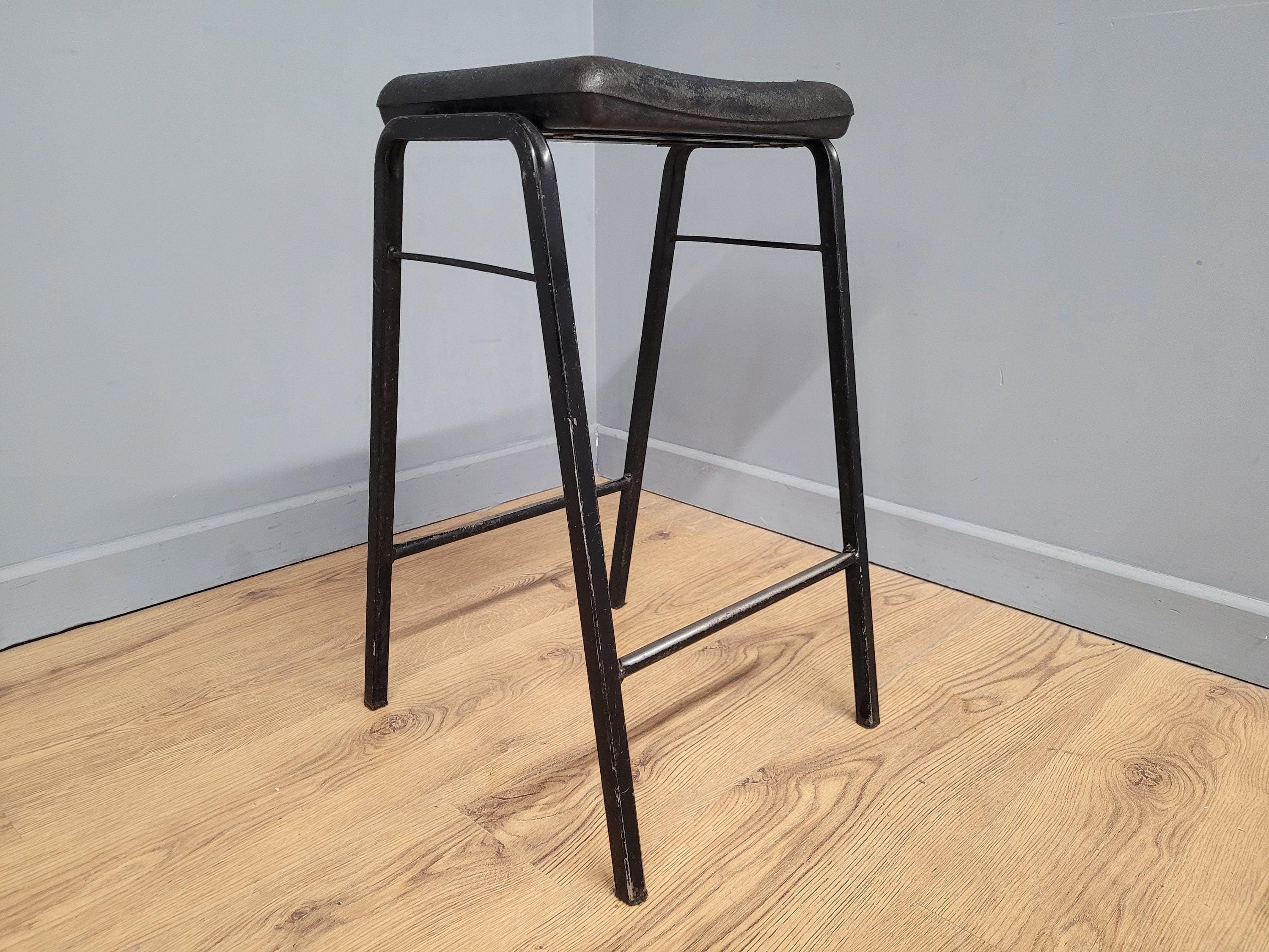 Vintage Industrial Metal Stool Factory Office School Workshop Stool Black Pad