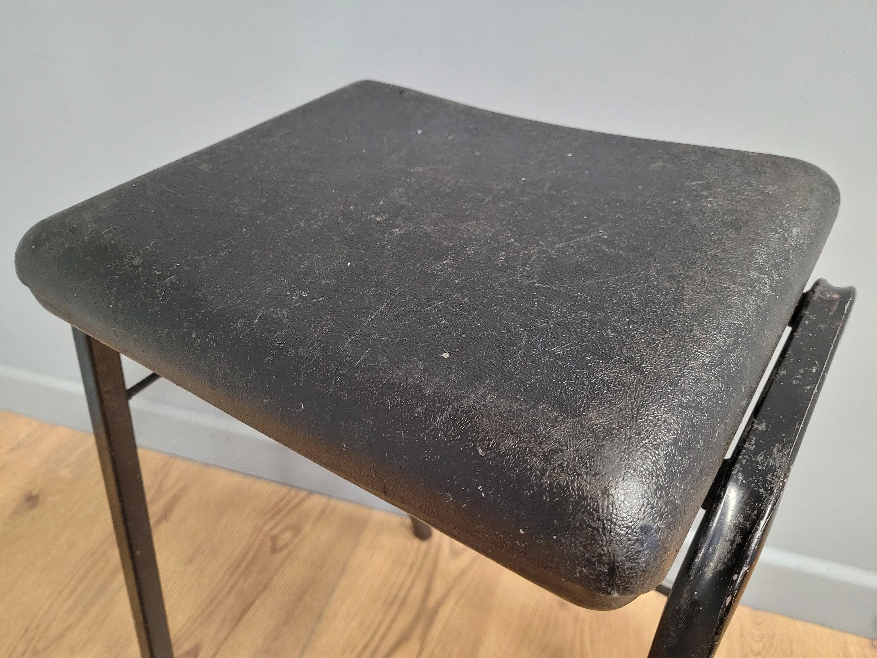 Vintage Industrial Metal Stool Factory Office School Workshop Stool Black Pad