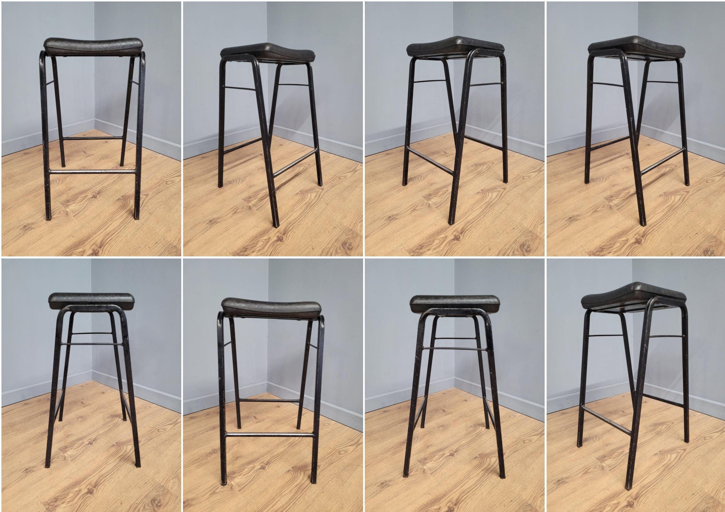 Vintage Industrial Metal Stool Factory Office School Workshop Stool Black Pad