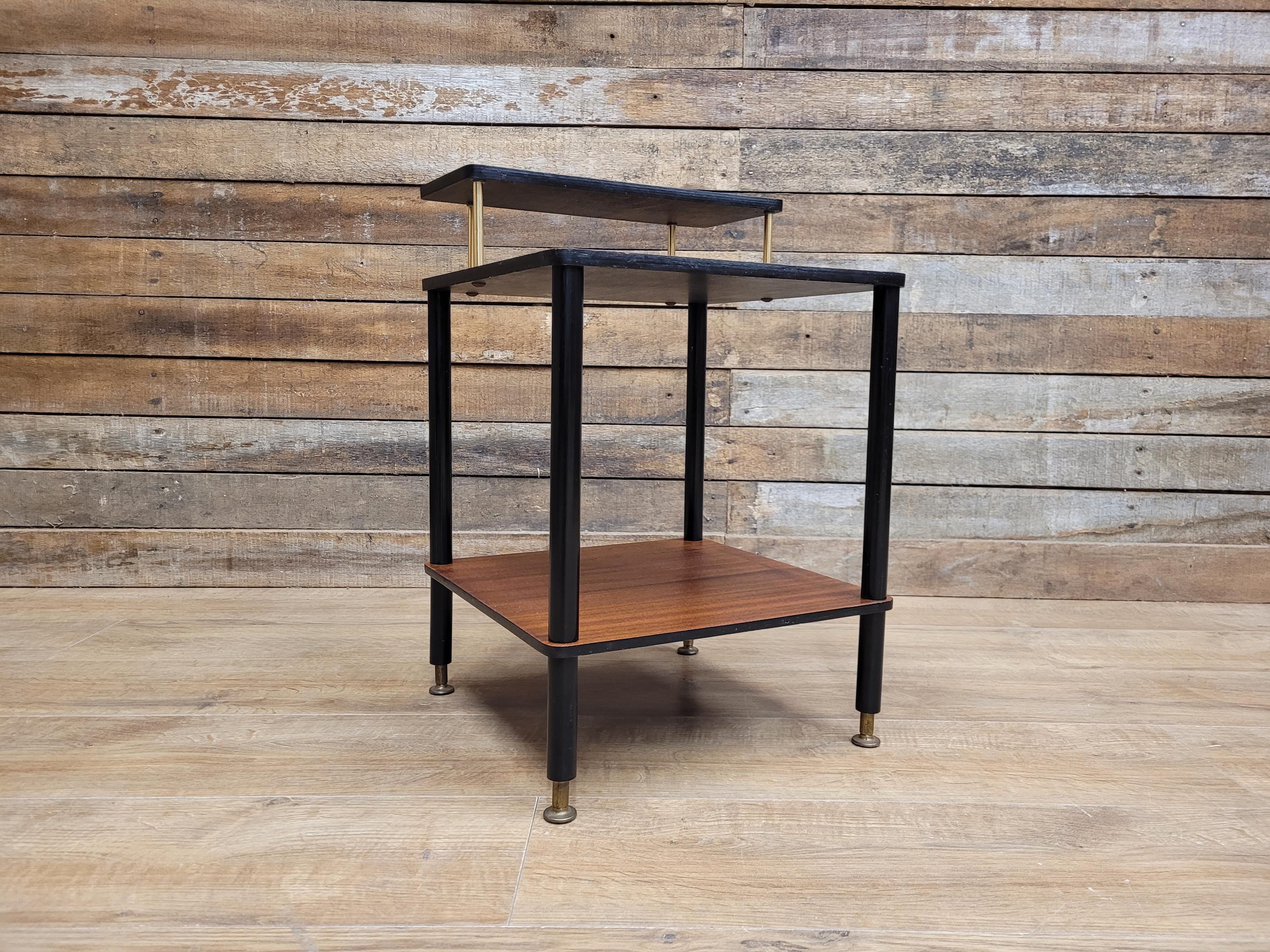 Mid Century Atomic Tiered Side Table Mahogany Black & Brass