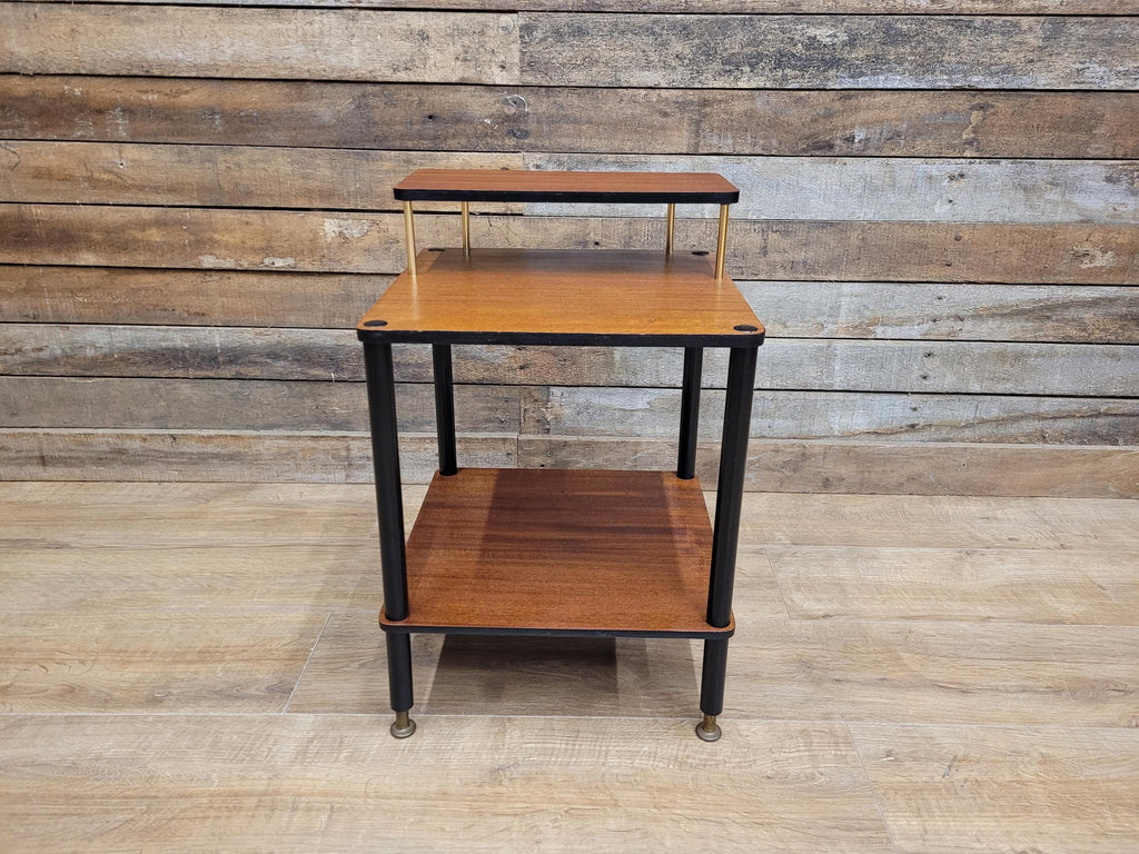 Mid Century Atomic Tiered Side Table Mahogany Black & Brass