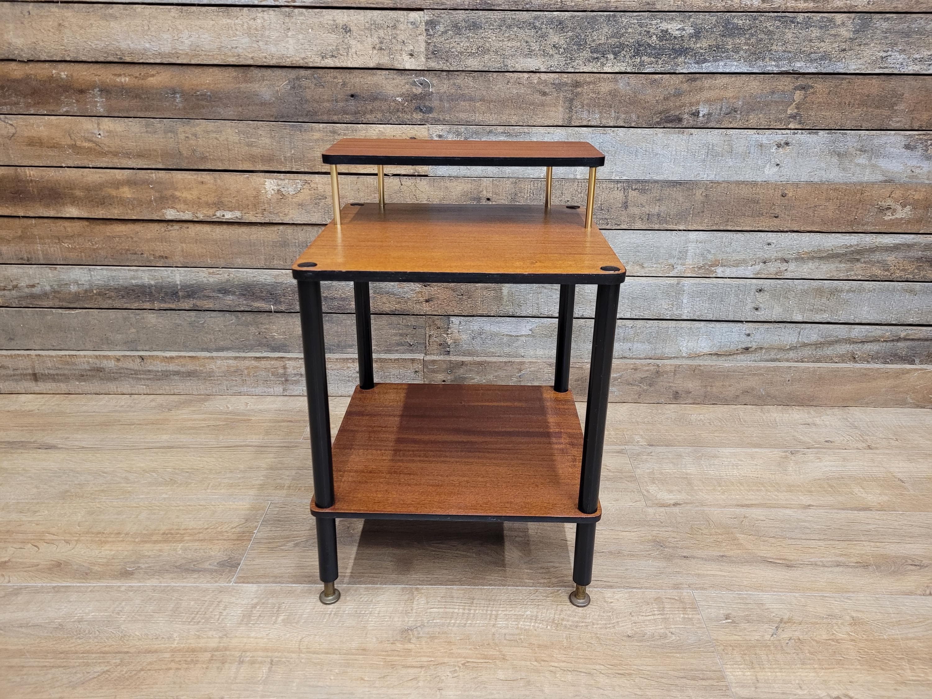 Mid Century Atomic Tiered Side Table Mahogany Black & Brass