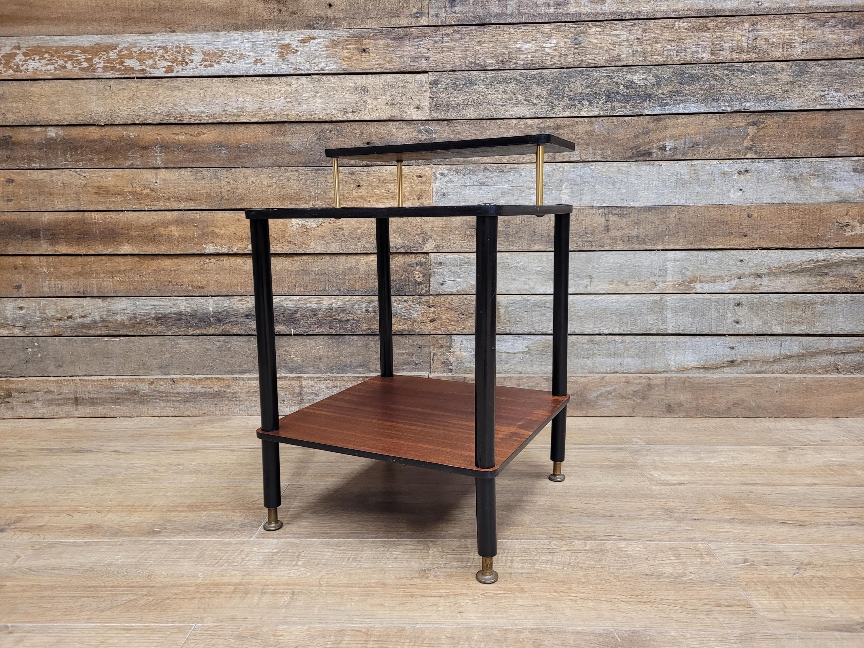 Mid Century Atomic Tiered Side Table Mahogany Black & Brass