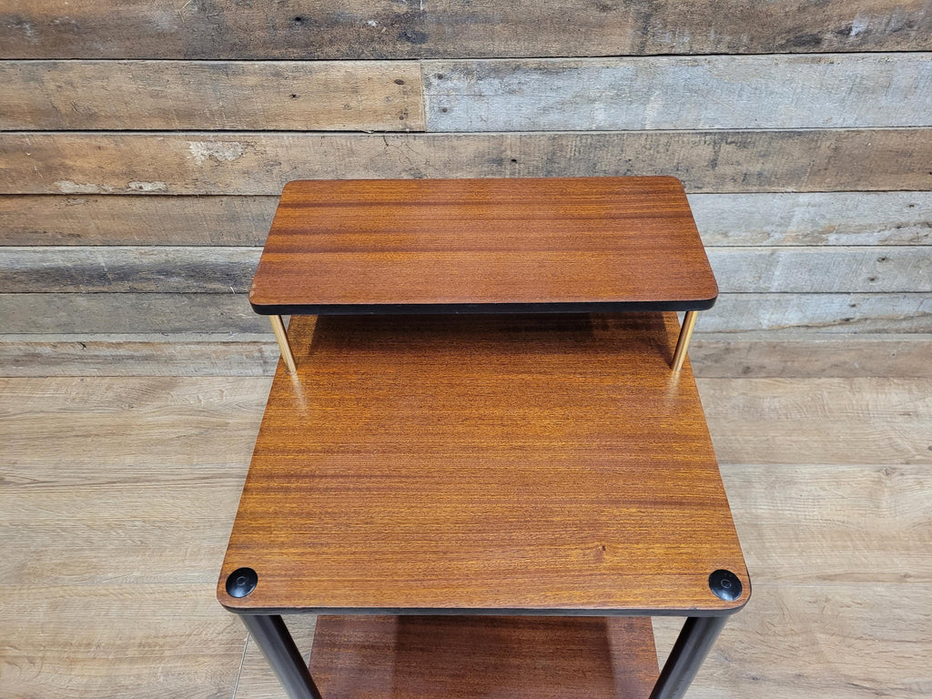 Mid Century Atomic Tiered Side Table Mahogany Black & Brass