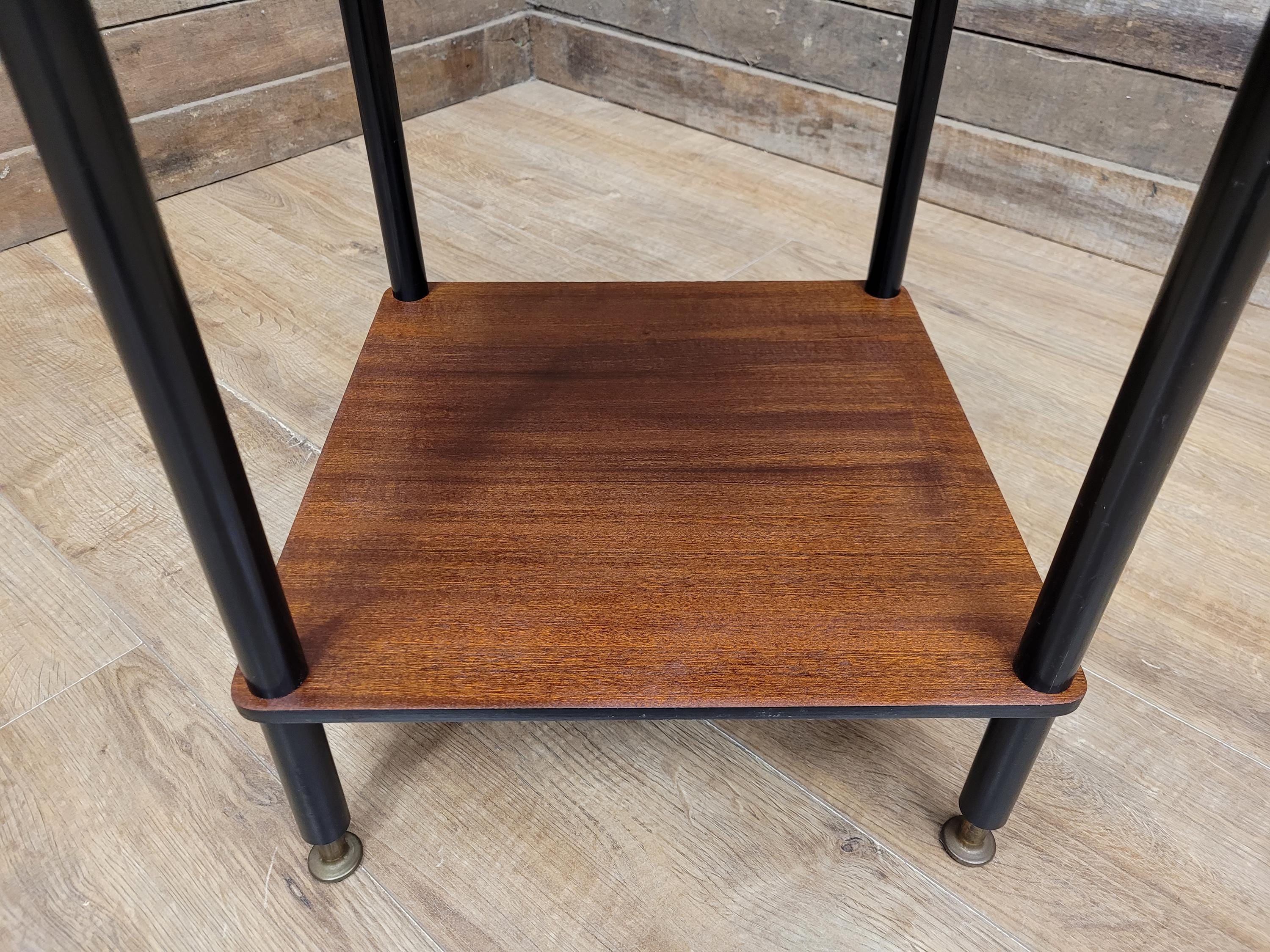 Mid Century Atomic Tiered Side Table Mahogany Black & Brass