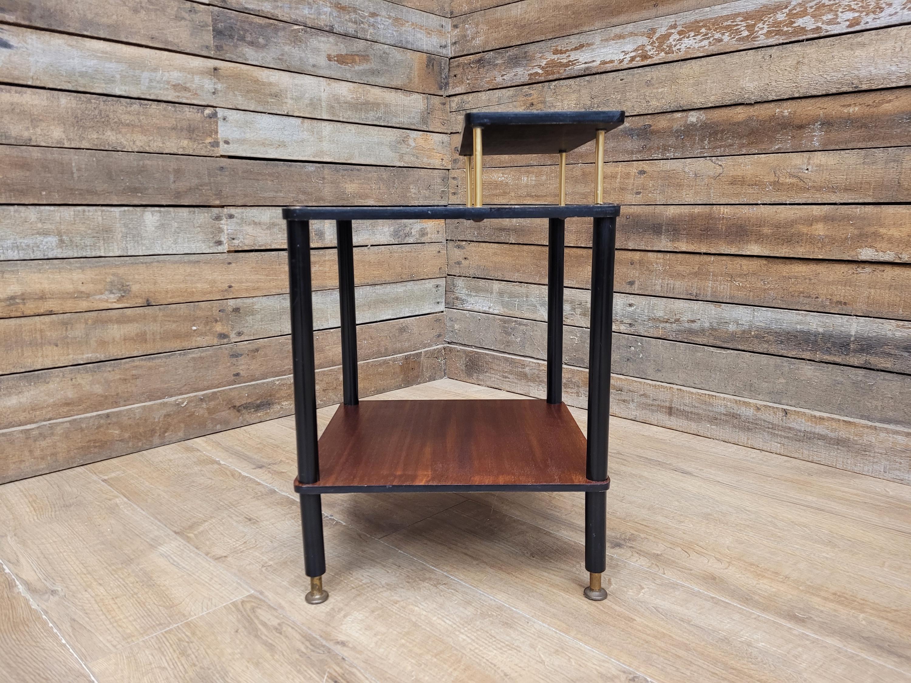 Mid Century Atomic Tiered Side Table Mahogany Black & Brass