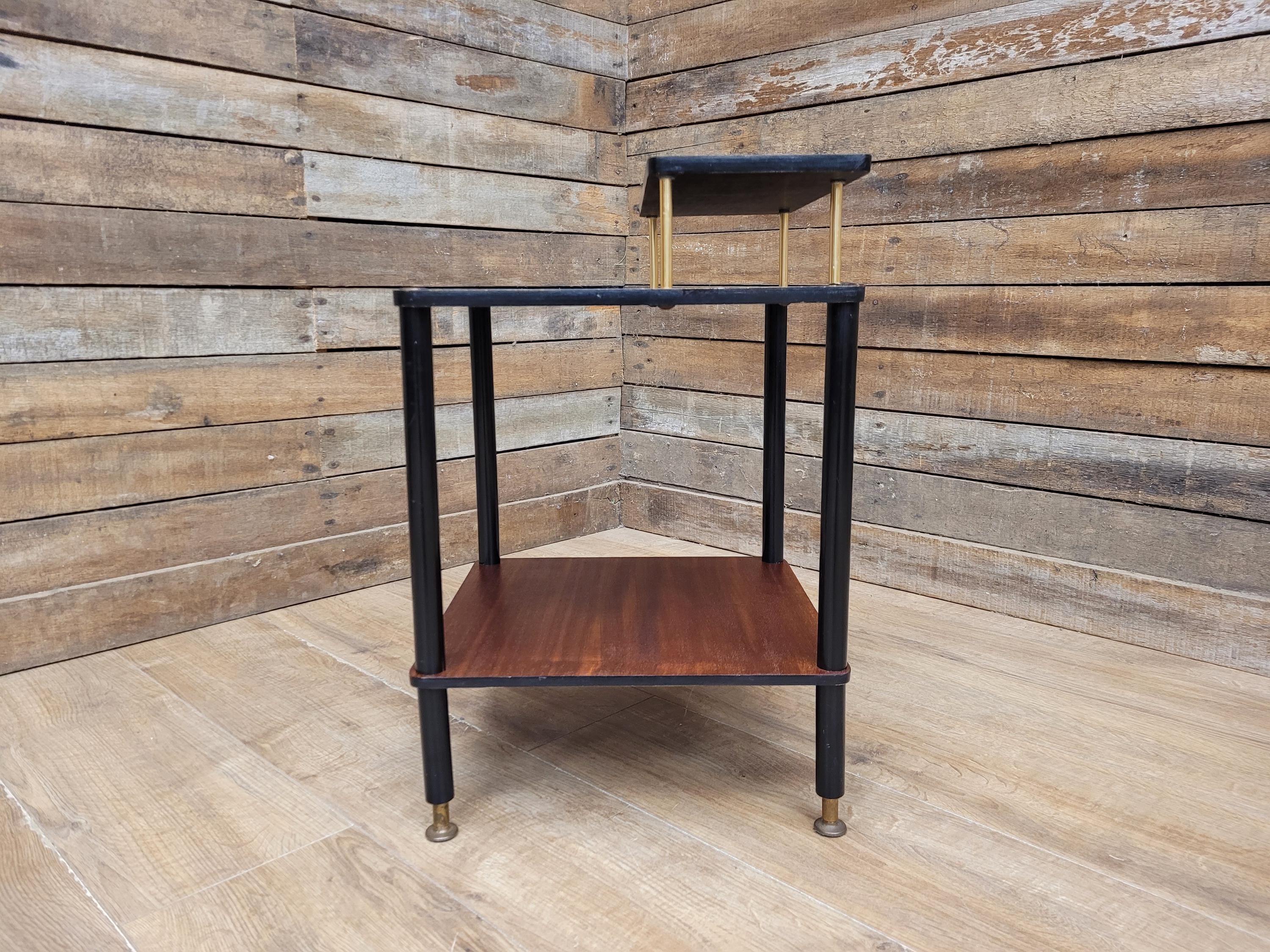 Mid Century Atomic Tiered Side Table Mahogany Black & Brass
