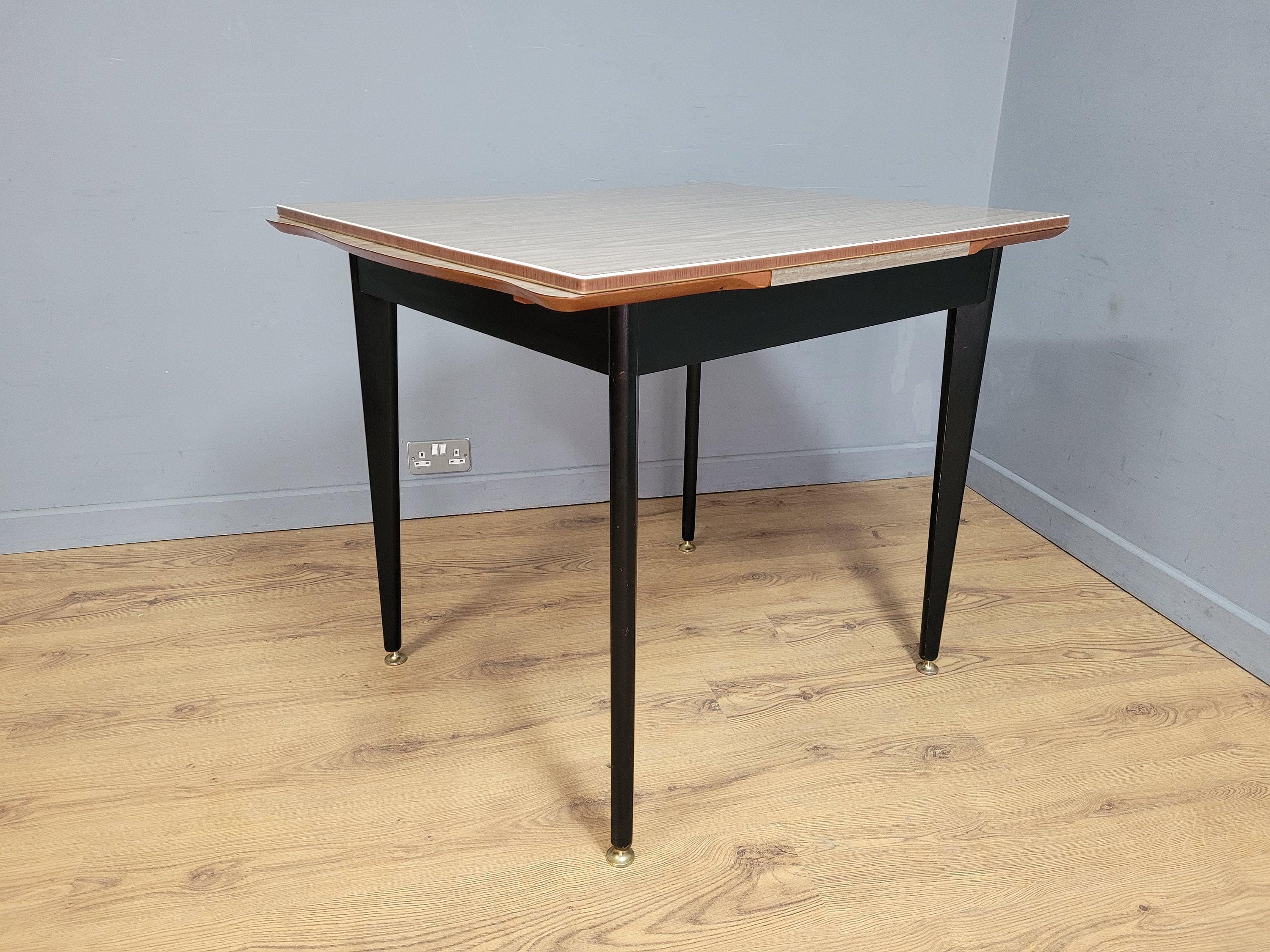 Mid Century Extending Formica Dining Table Adjustable Feet Pin Legs Black Frame