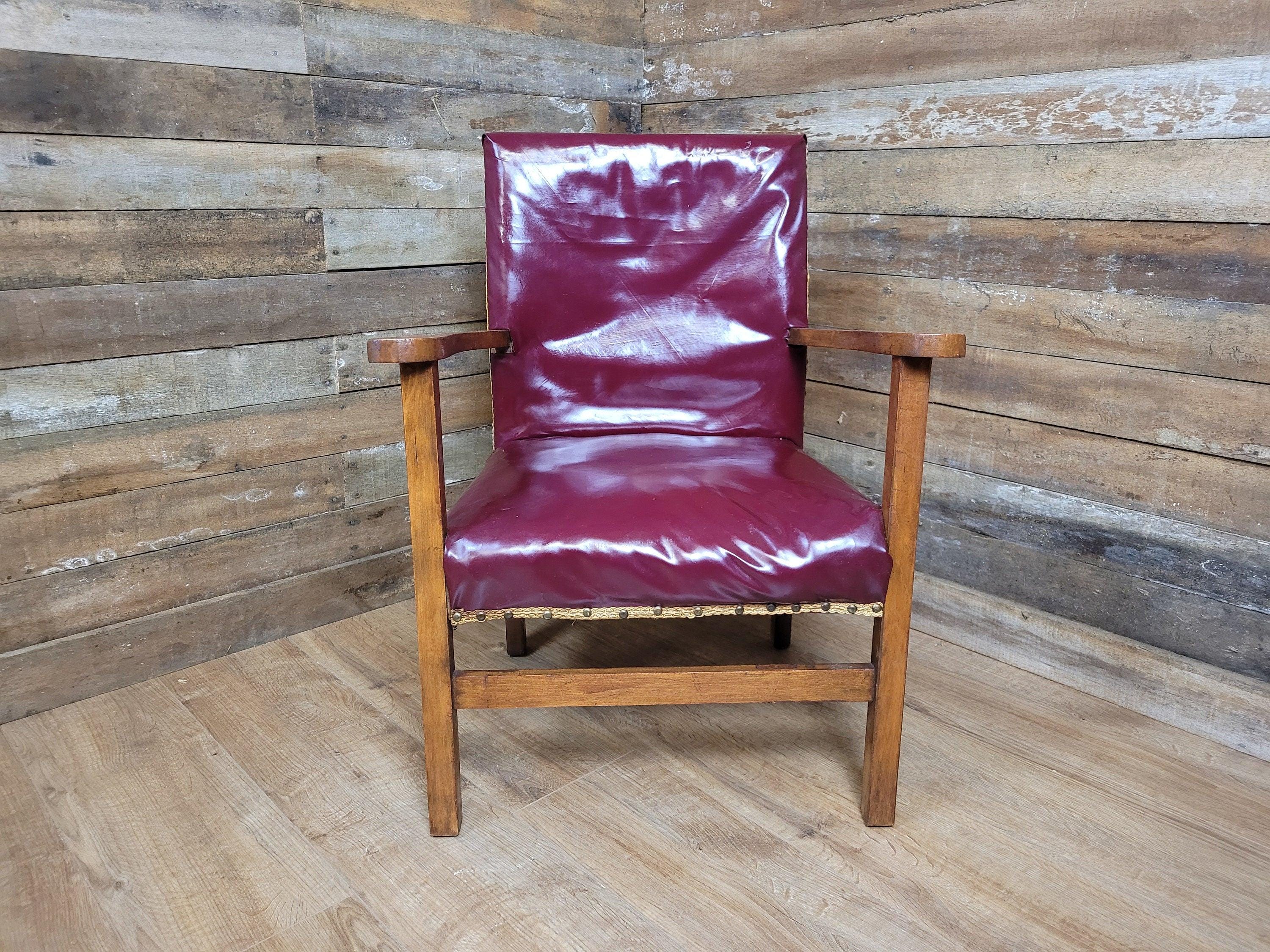 Vintage Oak Ox Blood Maroon PVC Vinyl Kinky Fun Chair