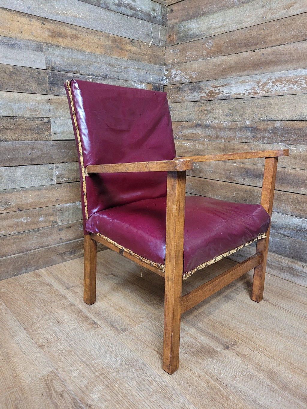 Vintage Oak Ox Blood Maroon PVC Vinyl Kinky Fun Chair