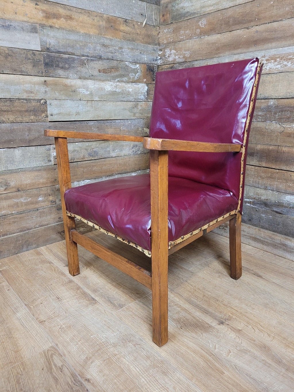 Vintage Oak Ox Blood Maroon PVC Vinyl Kinky Fun Chair