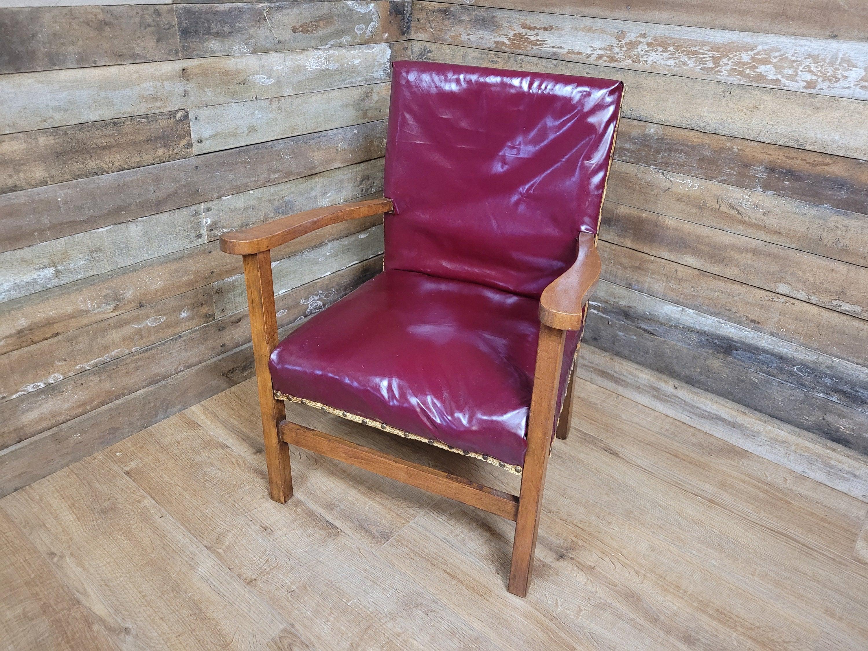 Vintage Oak Ox Blood Maroon PVC Vinyl Kinky Fun Chair