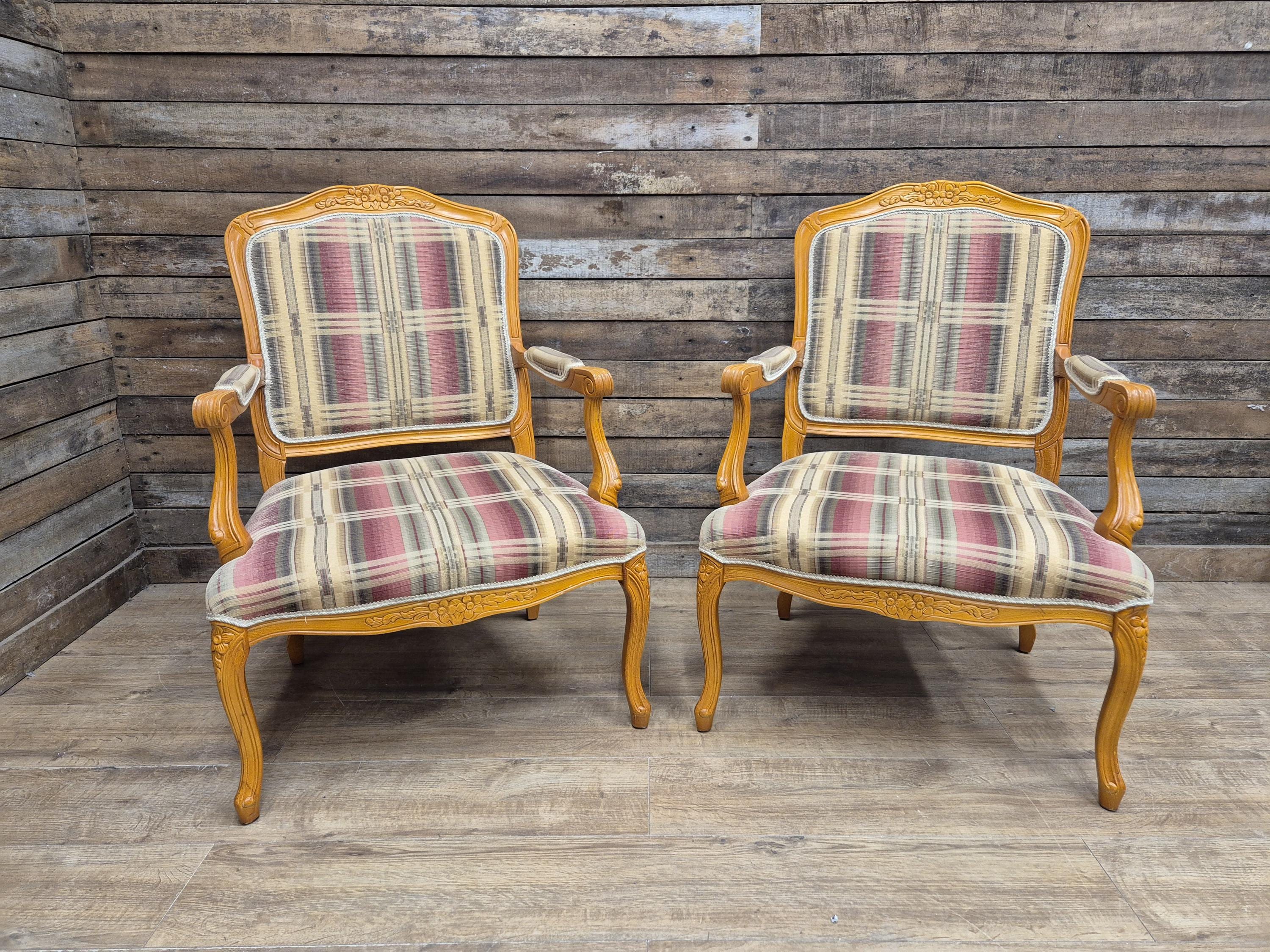 Vintage Italian Style Queen Back Open Arm Armchair Plaid Upholstery 2 Available