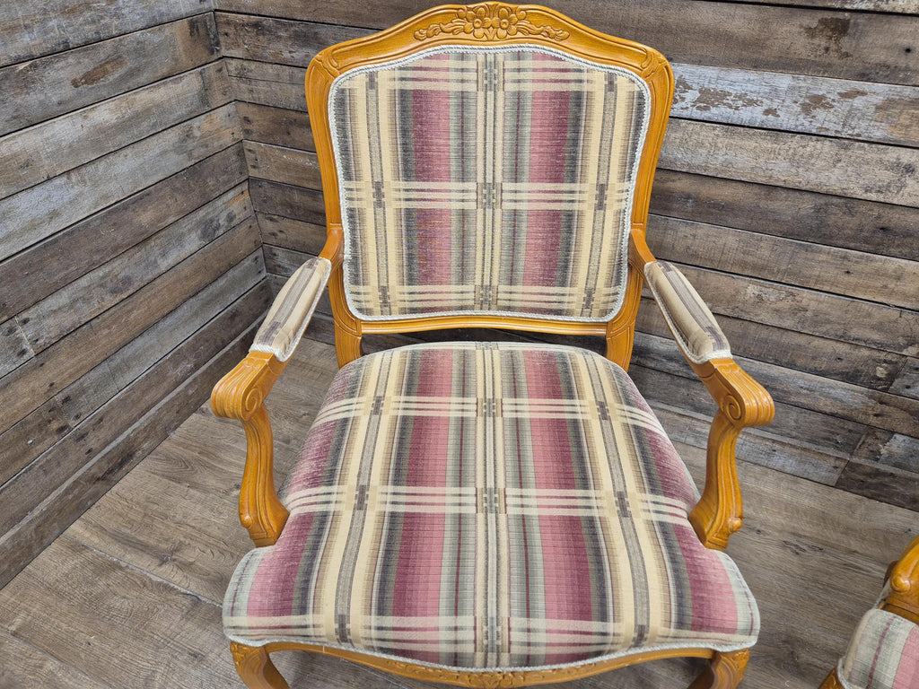 Vintage Italian Style Queen Back Open Arm Armchair Plaid Upholstery 2 Available