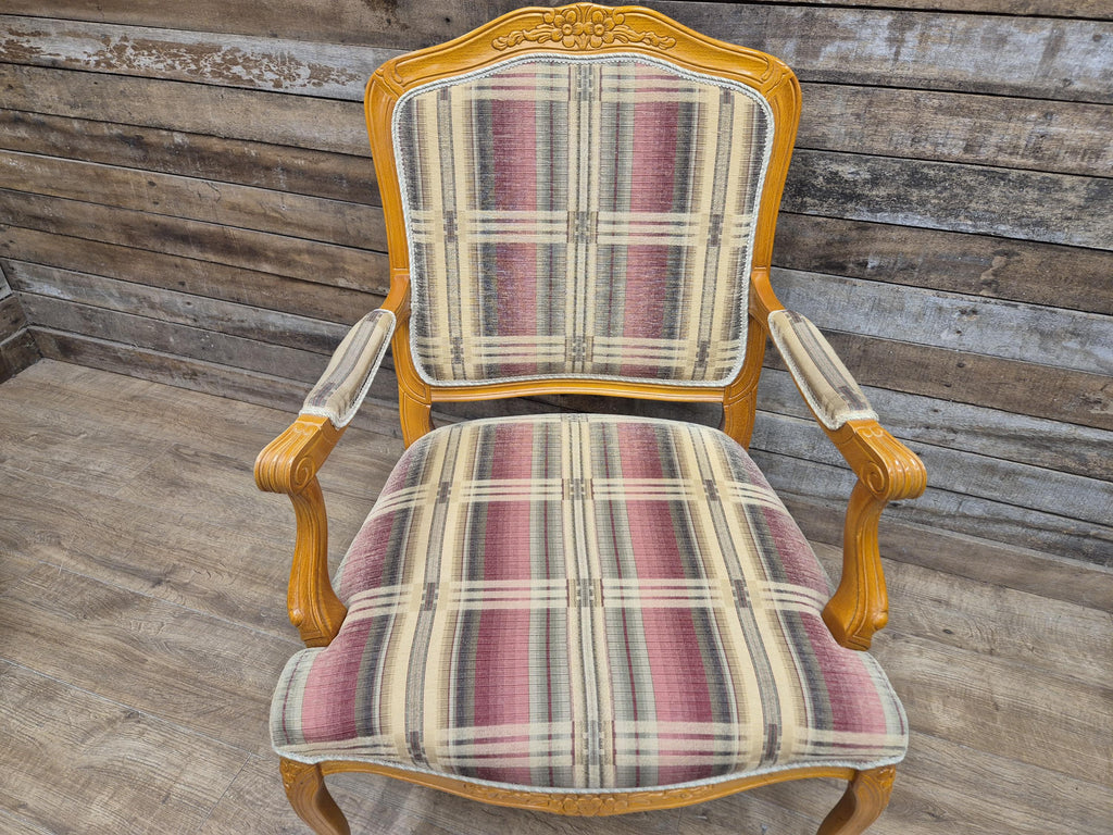Vintage Italian Style Queen Back Open Arm Armchair Plaid Upholstery 2 Available