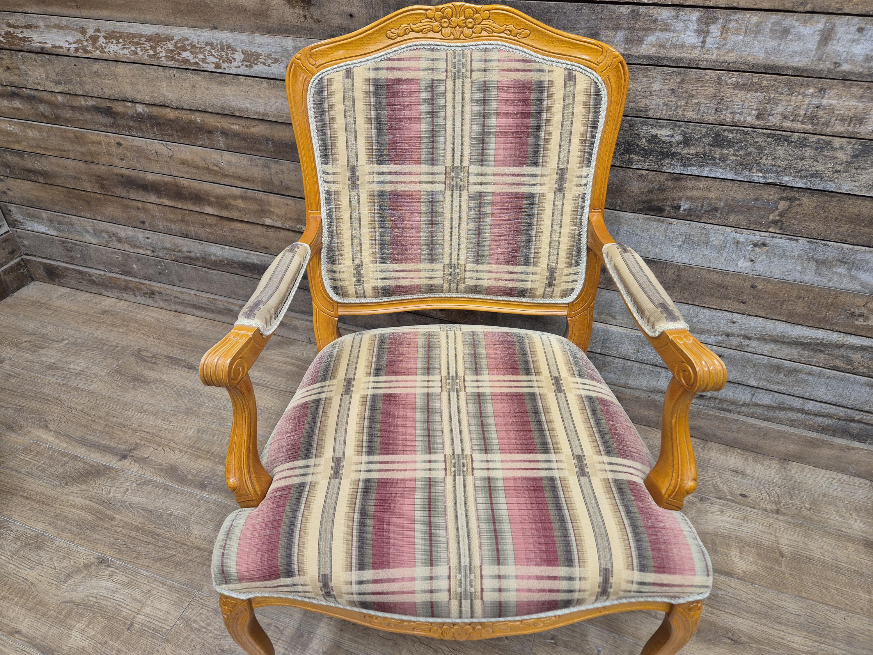 Vintage Italian Style Queen Back Open Arm Armchair Plaid Upholstery 2 Available