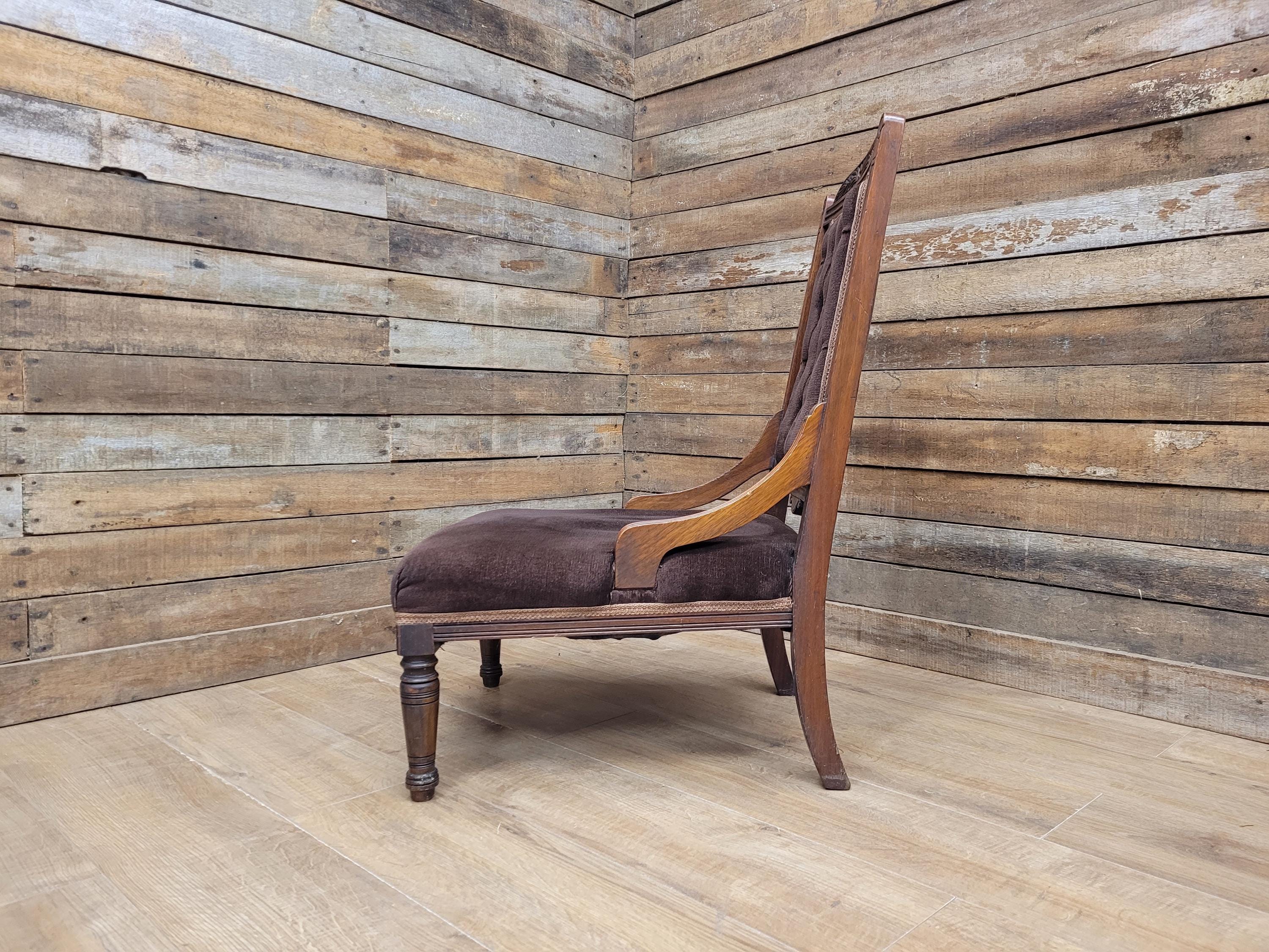 Antique Victorian Mahogany Slipper Chair with Brown Velour Upholstery