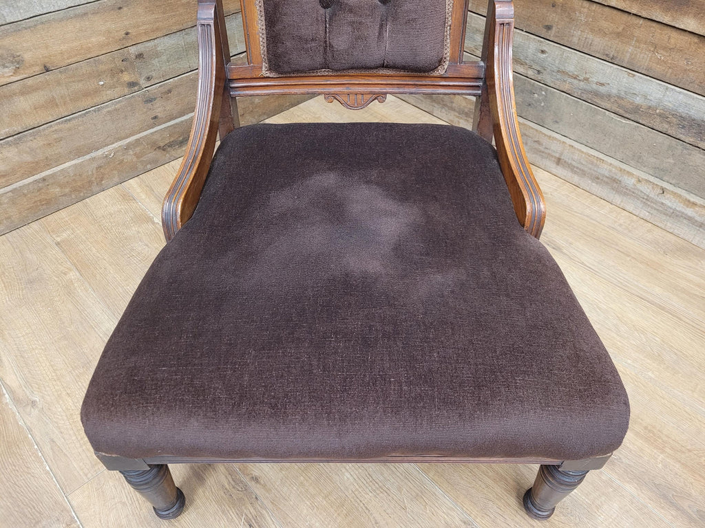 Antique Victorian Mahogany Slipper Chair with Brown Velour Upholstery