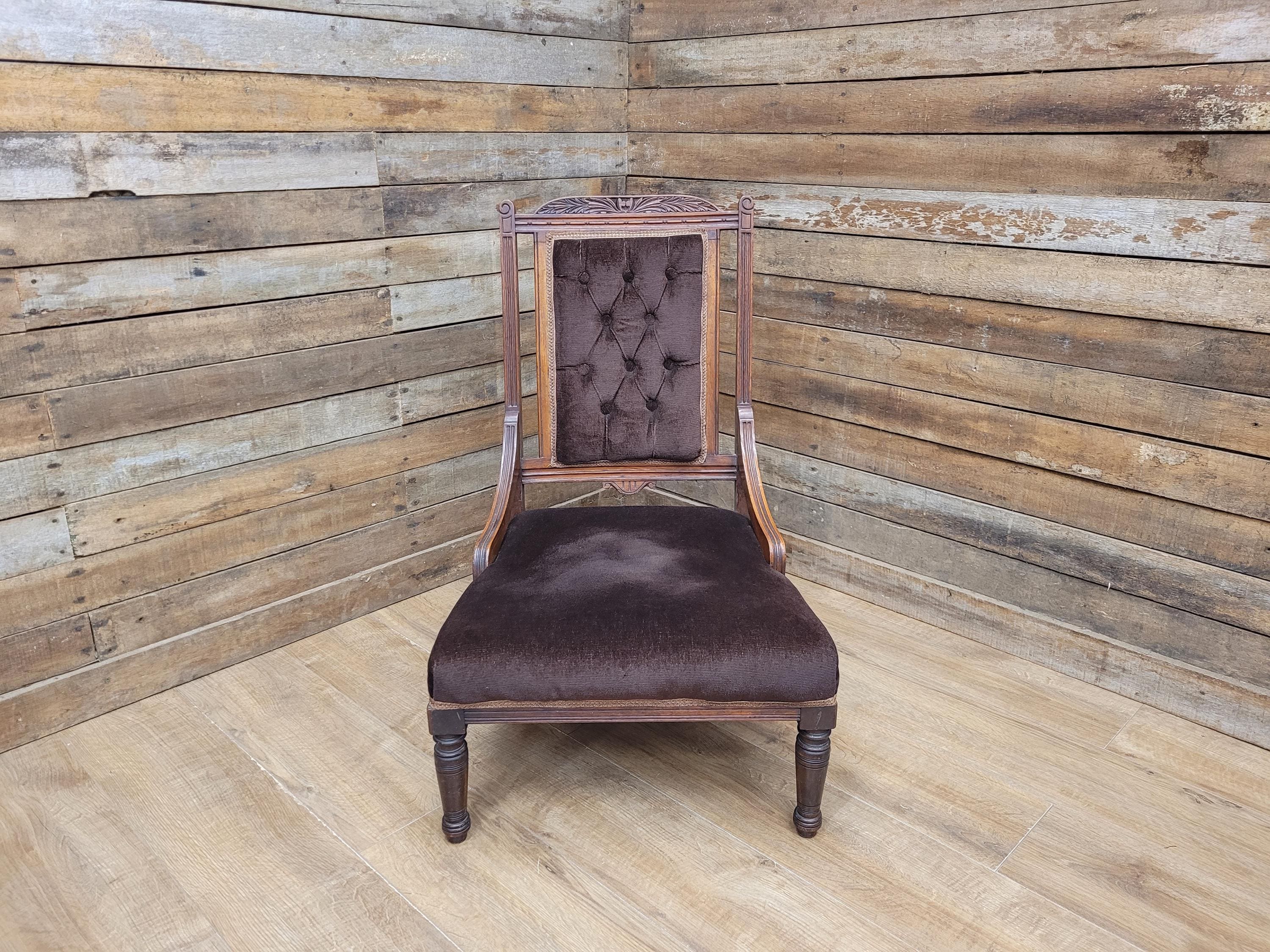 Antique Victorian Mahogany Slipper Chair with Brown Velour Upholstery