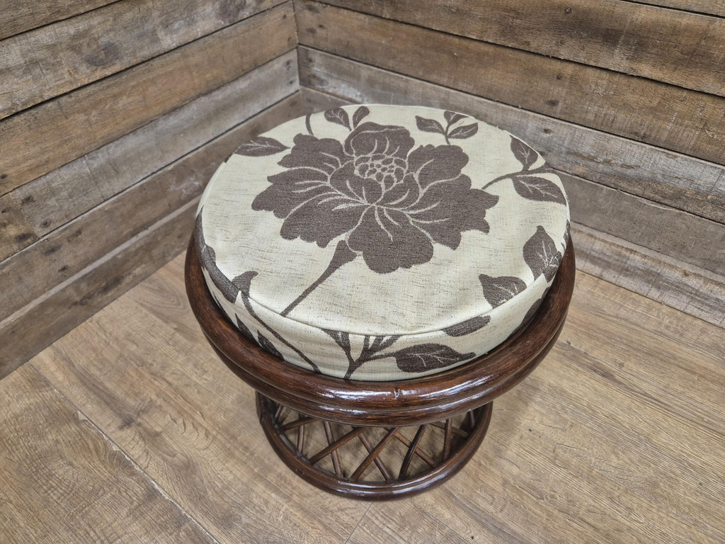 Vintage Country House Rattan Cane Circular Footstool Upholstered Pad