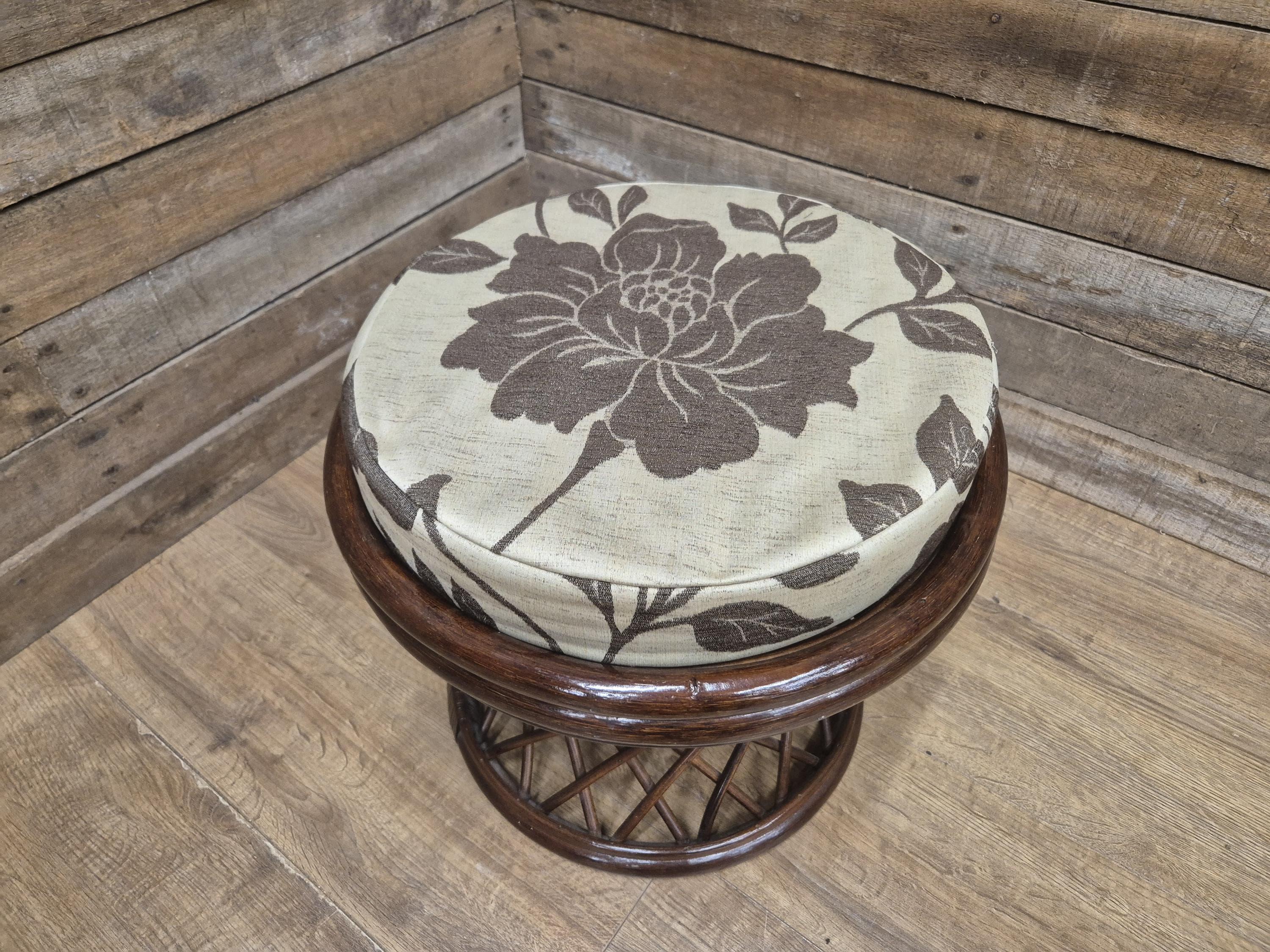 Vintage Country House Rattan Cane Circular Footstool Upholstered Pad