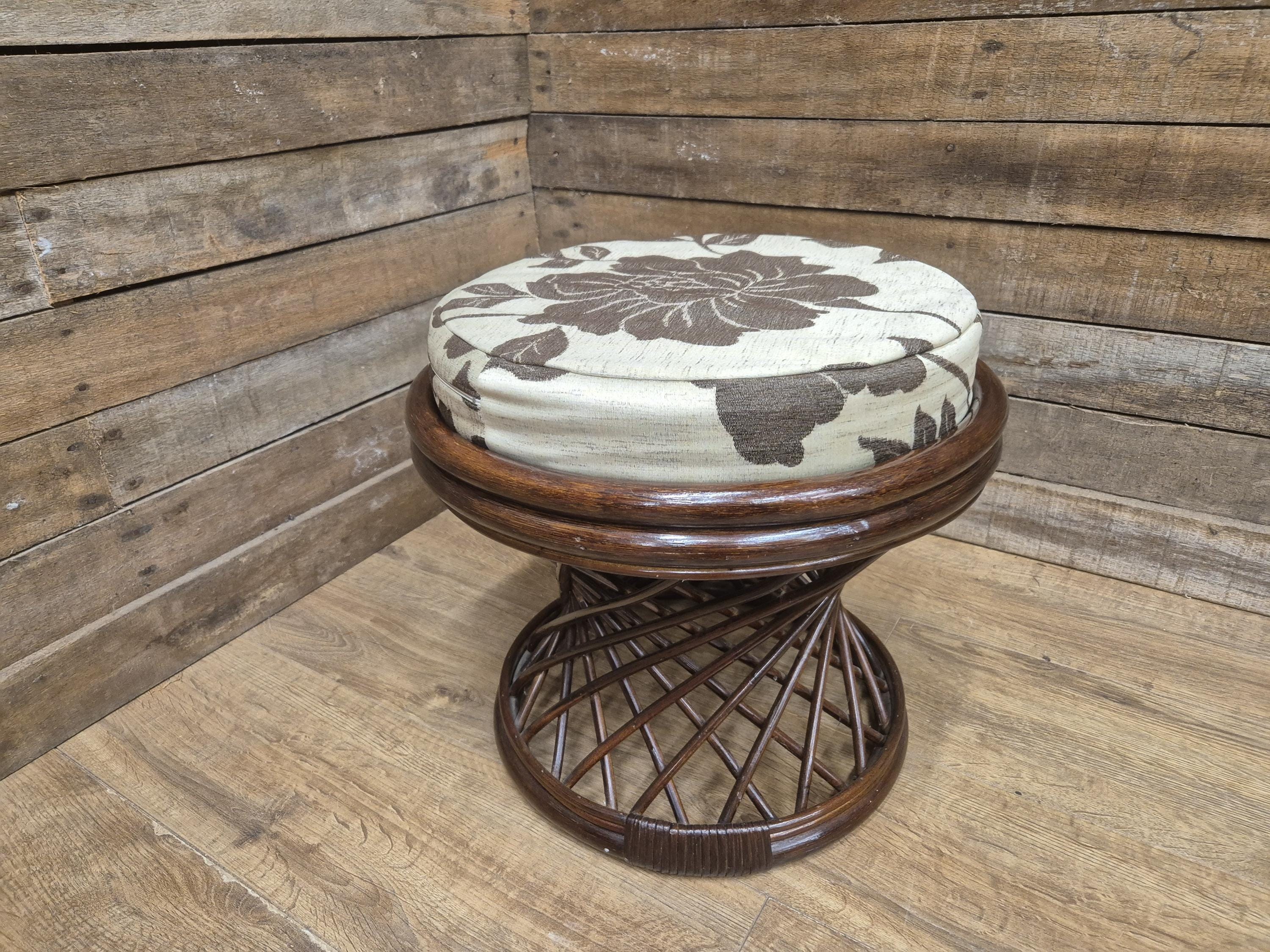 Vintage Country House Rattan Cane Circular Footstool Upholstered Pad