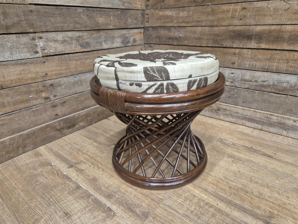Vintage Country House Rattan Cane Circular Footstool Upholstered Pad