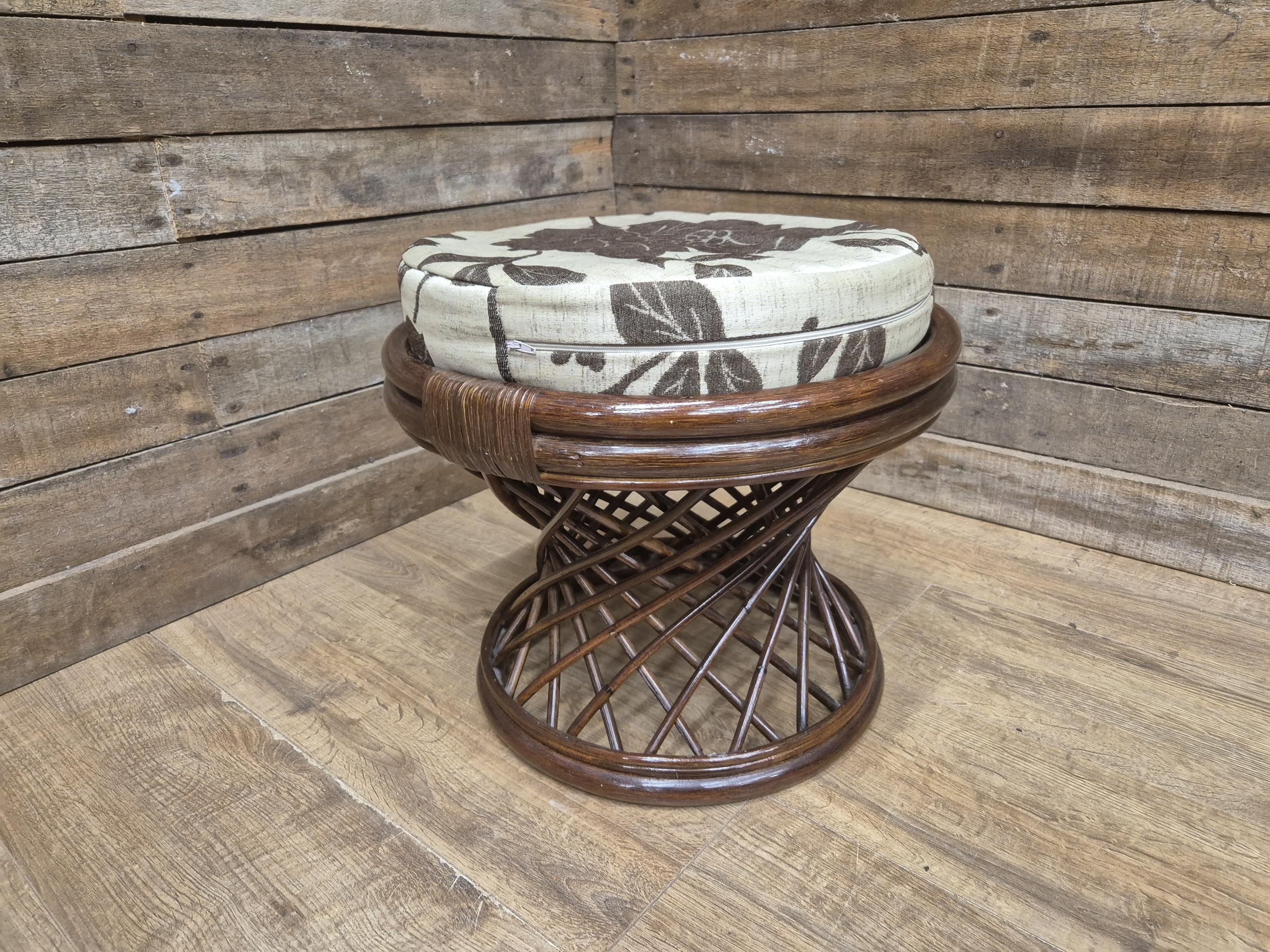 Vintage Country House Rattan Cane Circular Footstool Upholstered Pad