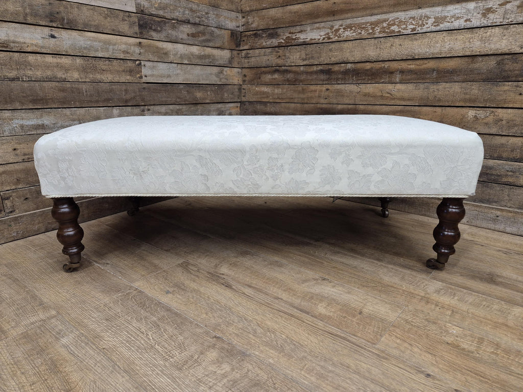 Vintage Large Country House Footstool Damask Fabric Turned Mahogany Legs Casters