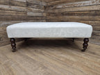 Vintage Large Country House Footstool Damask Fabric Turned Mahogany Legs Casters