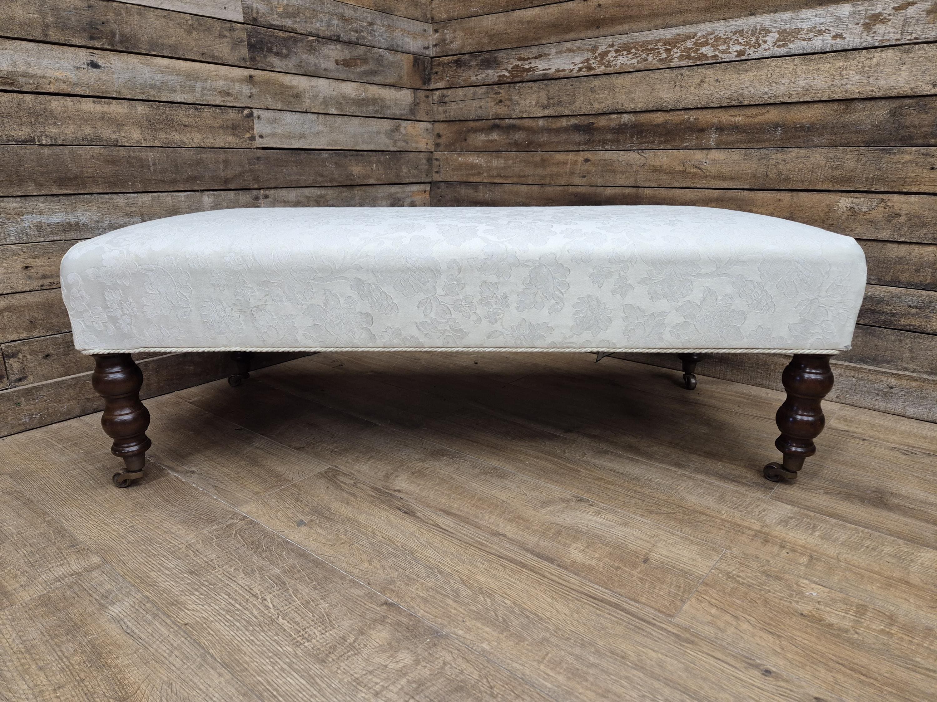 Vintage Large Country House Footstool Damask Fabric Turned Mahogany Legs Casters