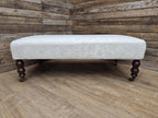 Vintage Large Country House Footstool Damask Fabric Turned Mahogany Legs Casters