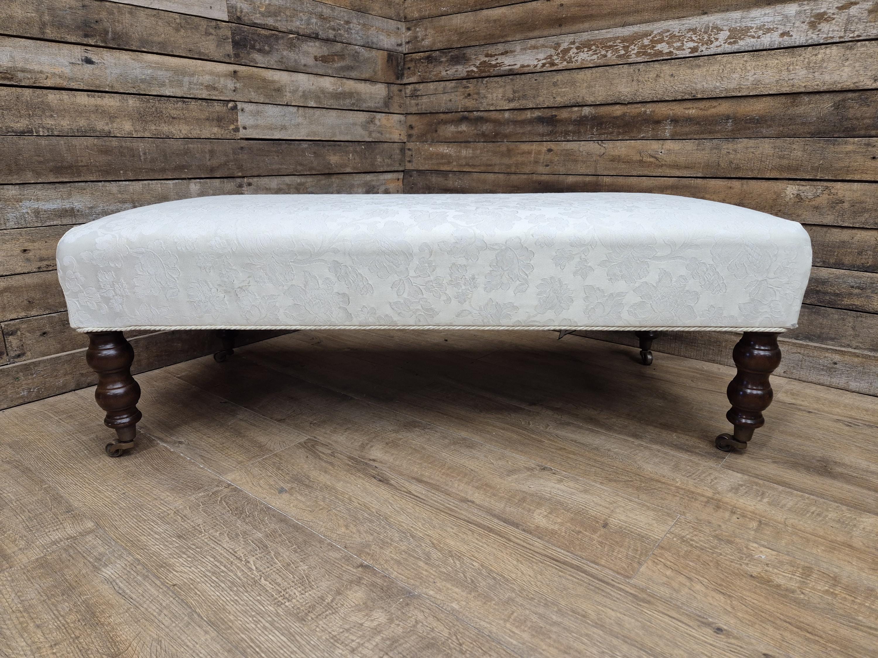 Vintage Large Country House Footstool Damask Fabric Turned Mahogany Legs Casters