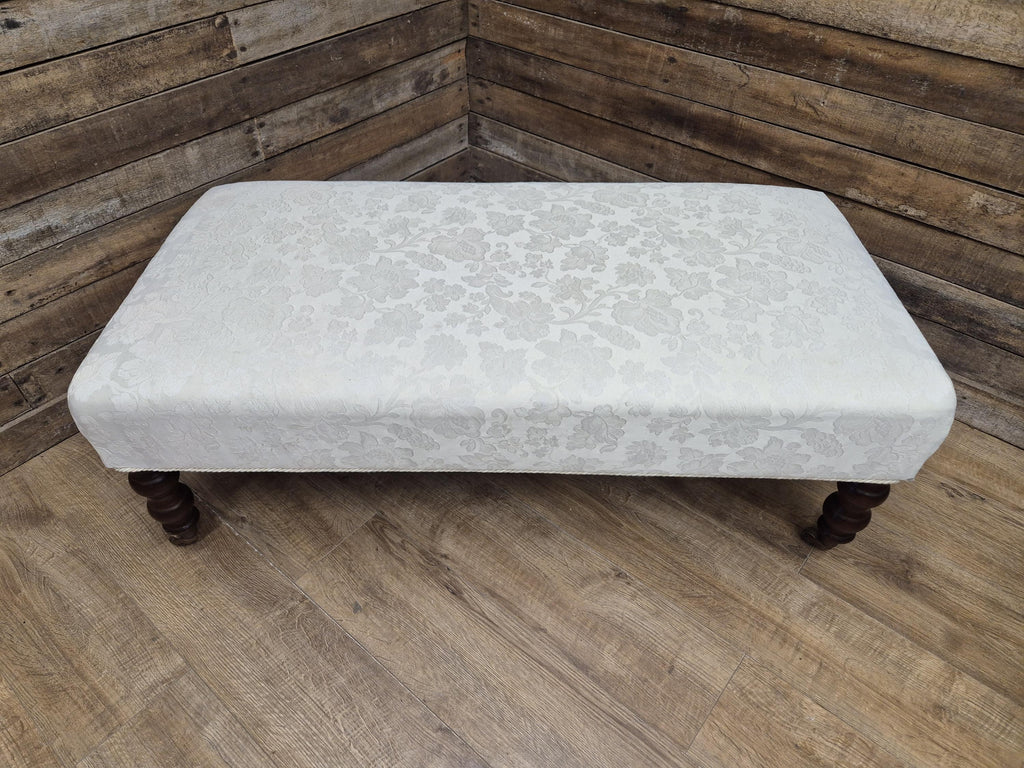 Vintage Large Country House Footstool Damask Fabric Turned Mahogany Legs Casters
