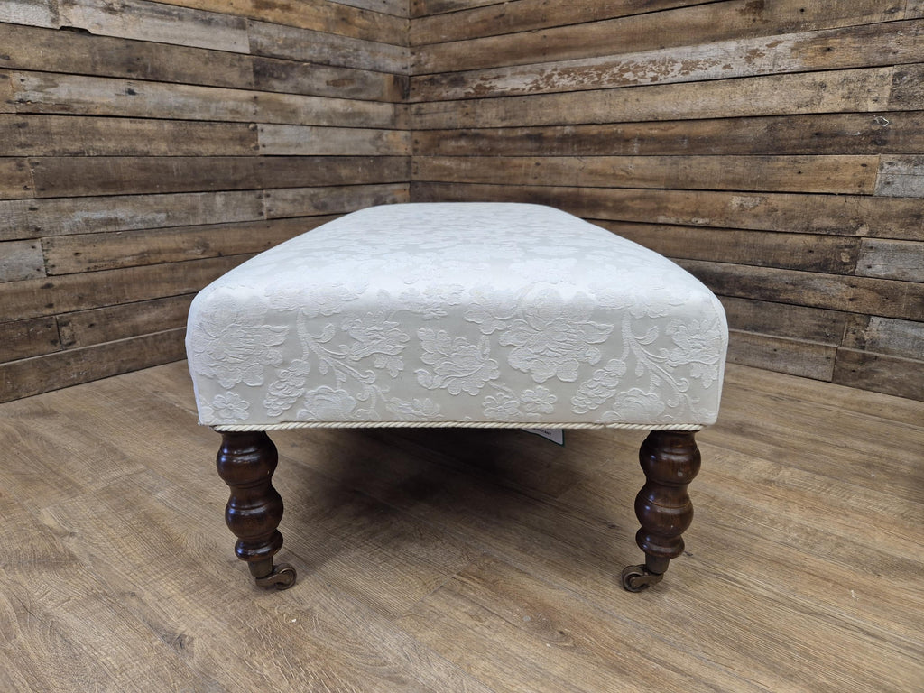 Vintage Large Country House Footstool Damask Fabric Turned Mahogany Legs Casters