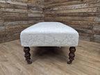 Vintage Large Country House Footstool Damask Fabric Turned Mahogany Legs Casters